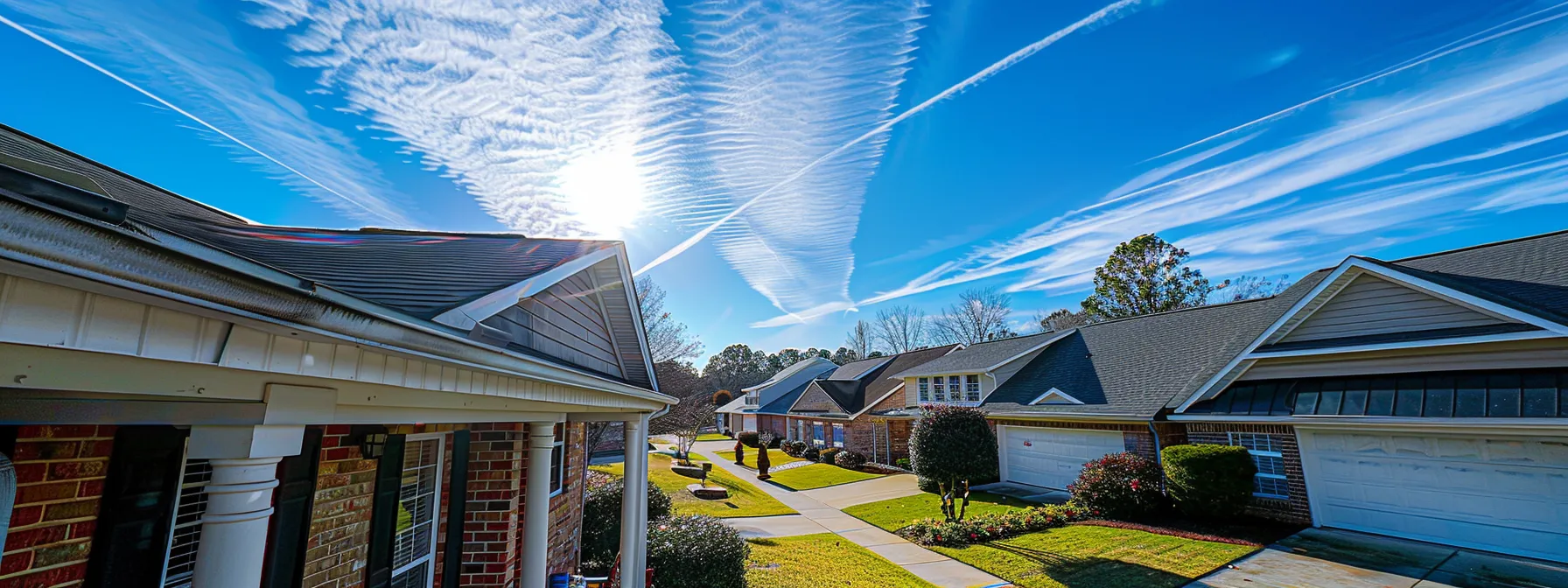 a professional gutter cleaning crew inspects a suburban monroe, nc home, showcasing a pristine, organized setup with specialized equipment and a clear blue sky above, all within a vibrant urban residential setting.